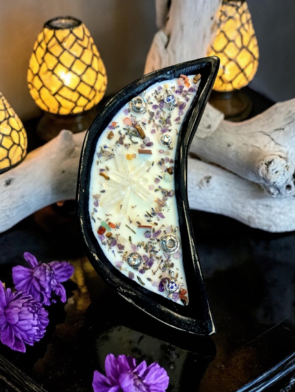 Hand Crafted , Wicked Worthy Wax, Crystal Tea Party wooden moon candle - Picture 5 of 5